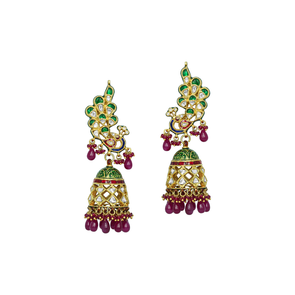 Peacock Motif Jhumkas with Green-Red Enamel and Ruby Drops